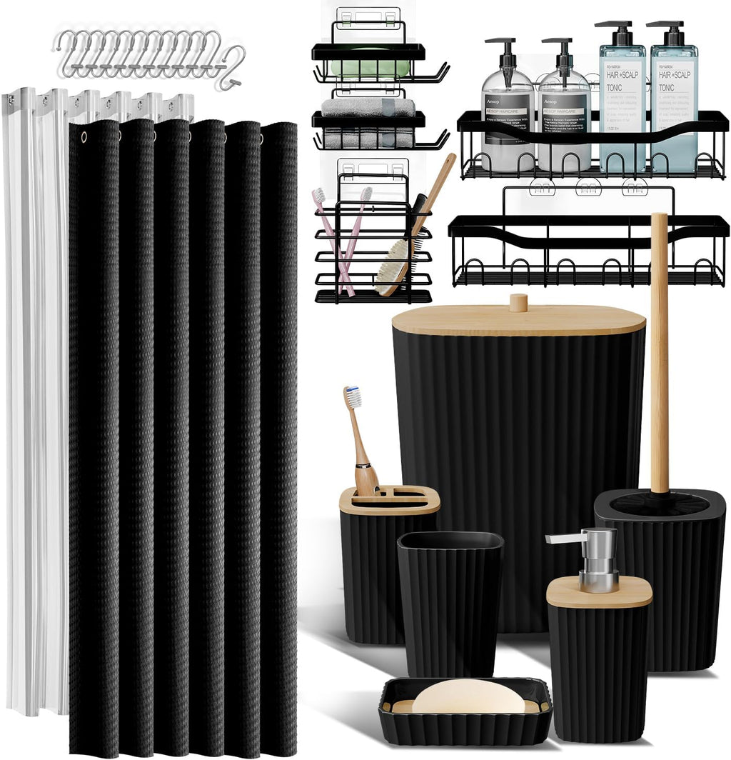 Hearth & Harbor Bathroom Accessories Set - Bathroom Set, 20PC Bathroom Accessory Set, Shower Curtain Set, Toilet Brush, Trash Can & Soap Dispenser (Black, Shower Caddy + Bathroom Set)