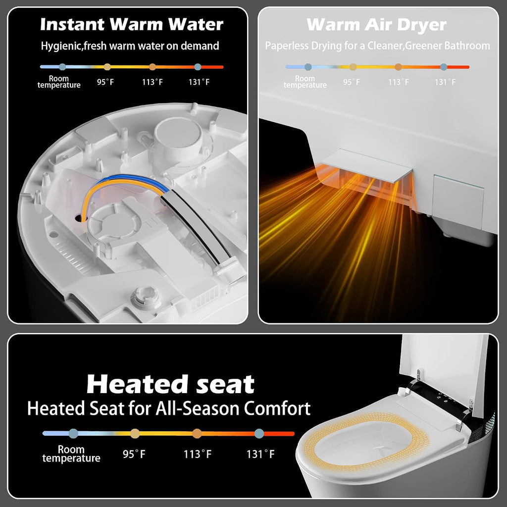 WinZo Smart Toilet,Modern Smart Toilet with Bidet Built In with Foot Kick,Tankless Toilets Auto Open/Close Lid with Dryer,ADA Comfort Height Heat Seat,Instant Warm Water,Power Outage and Flush Black