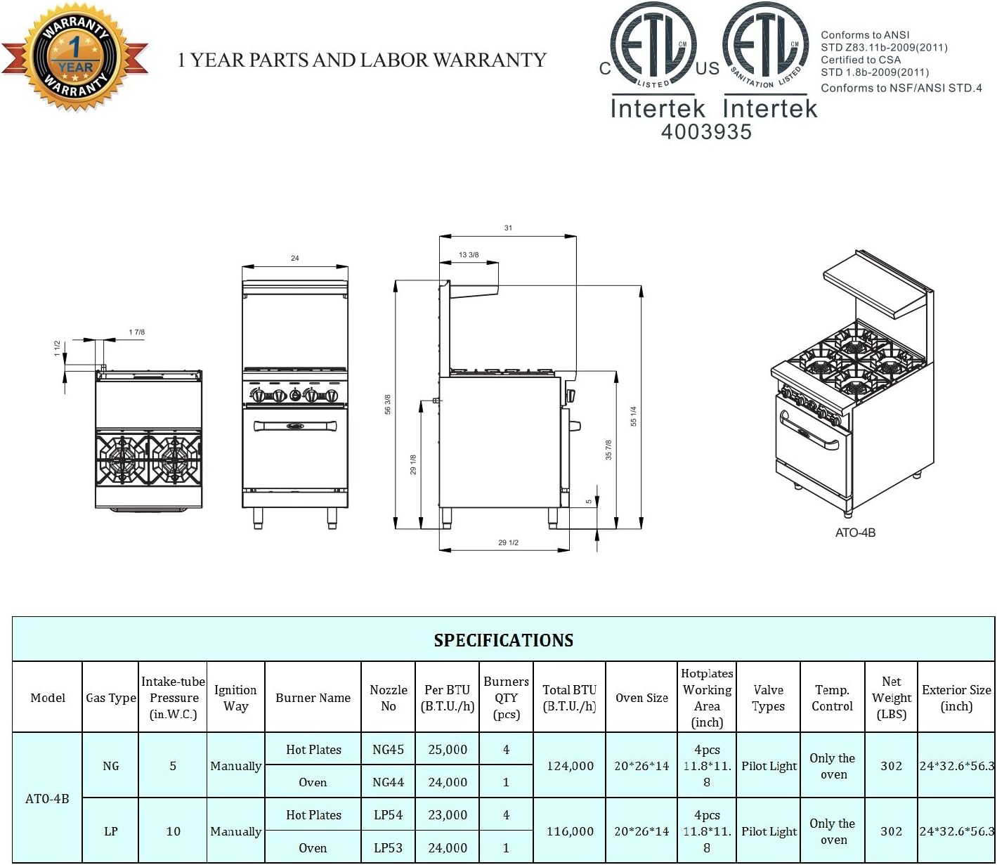 Atosa AGR Commercial Gas Range, 24' Gas Range, (4) Burners, (1) 20' Standard Oven, Propane Gas (AGR-4B-LP)