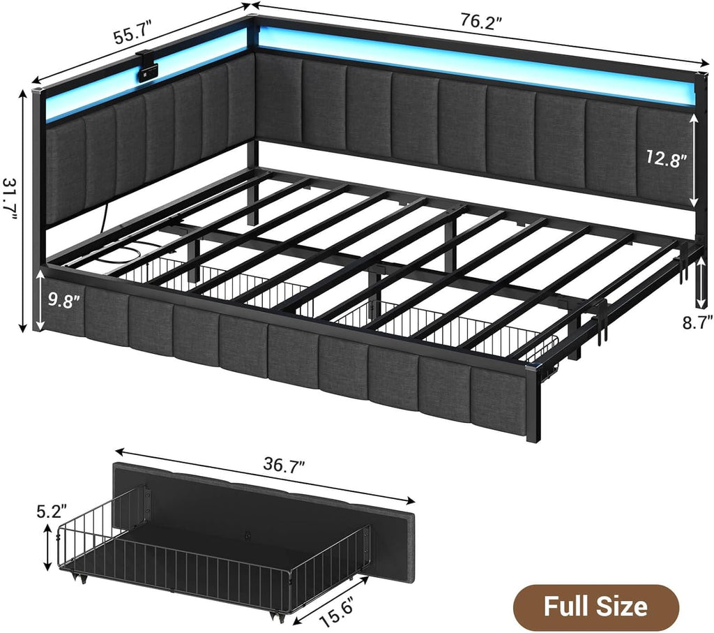 Hasuit Corner Bed Frame with Storage Drawers, Full Daybed with Line Fabric Upholstered Fence, Kids Bed Unit with LED Light and Charging Station, Modern Bed Frame Full Size, Gray