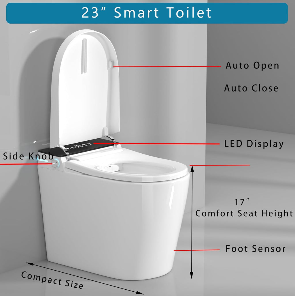 WinZo 23' Compact Smart Toilet with Bidet Seat Built-in For Small Space Bathroom, Auto Flush, LED, Night Light,Heated Bidet Seat with Warm Air Drying White
