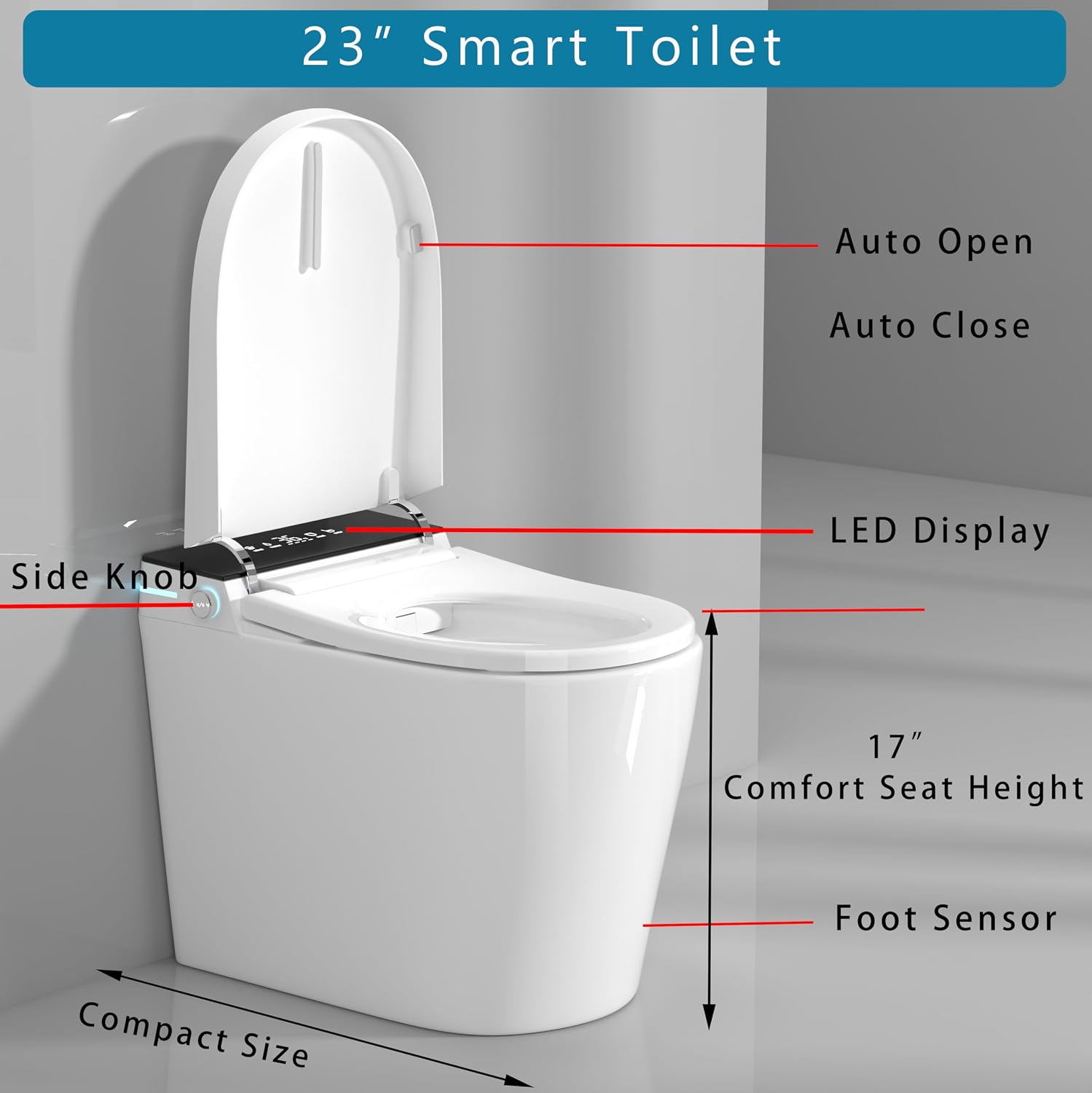 WinZo 23' Compact Smart Toilet with Bidet Seat Built-in For Small Space Bathroom, Auto Flush, LED, Night Light,Heated Bidet Seat with Warm Air Drying White
