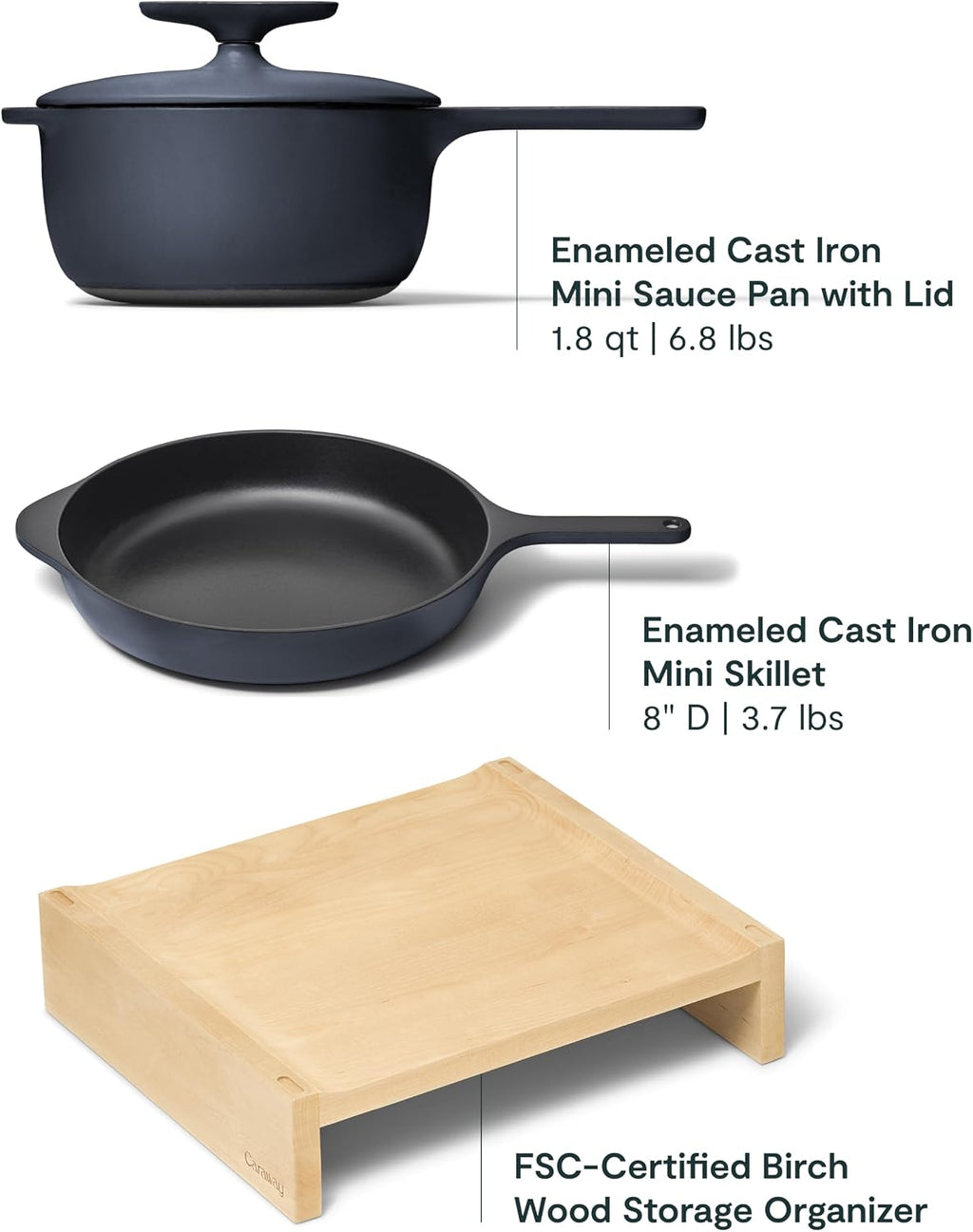 Caraway Enameled Cast Iron Bundle - 8' Mini Skillet, 1.8 qt Sauce Pan with Lid & Storage Organizer - Durable, Non-Toxic Cookware for Stovetop & Oven - No Seasoning Required - Midnight Blue