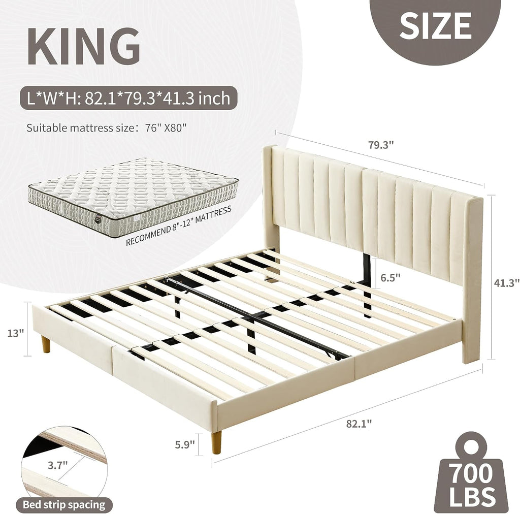 YUHUASHI upholstered Platform Bed Frame/King Bed Frame/Modern Geometric Double-Wing Design headboard/Velvet Fabric/Easy to Assemble no Noise (Cream, King (U.S. Standard))