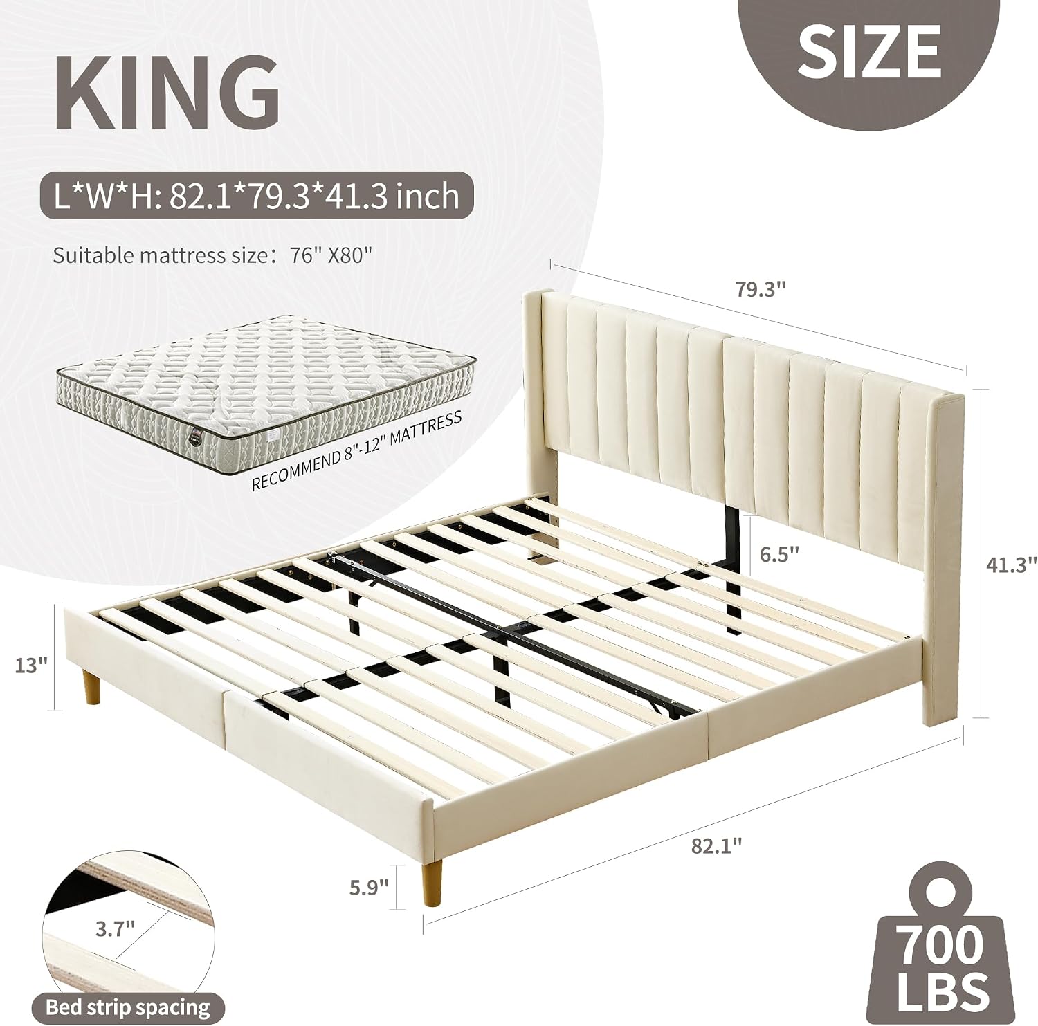 YUHUASHI upholstered Platform Bed Frame/King Bed Frame/Modern Geometric Double-Wing Design headboard/Velvet Fabric/Easy to Assemble no Noise (Cream, King (U.S. Standard))