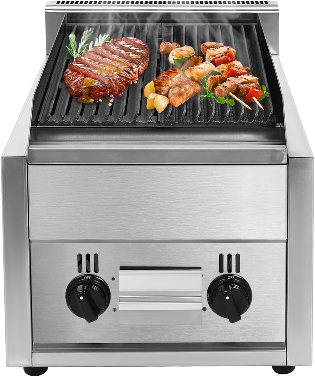 Commercial Gas Grill, Professional Gas Broiler Grill with Dual I Type Burners Cast Iron Grill Independent Knob and Switches Removable Grill Pans Stainless Steel Gas Grill for Western Restaurants Etc