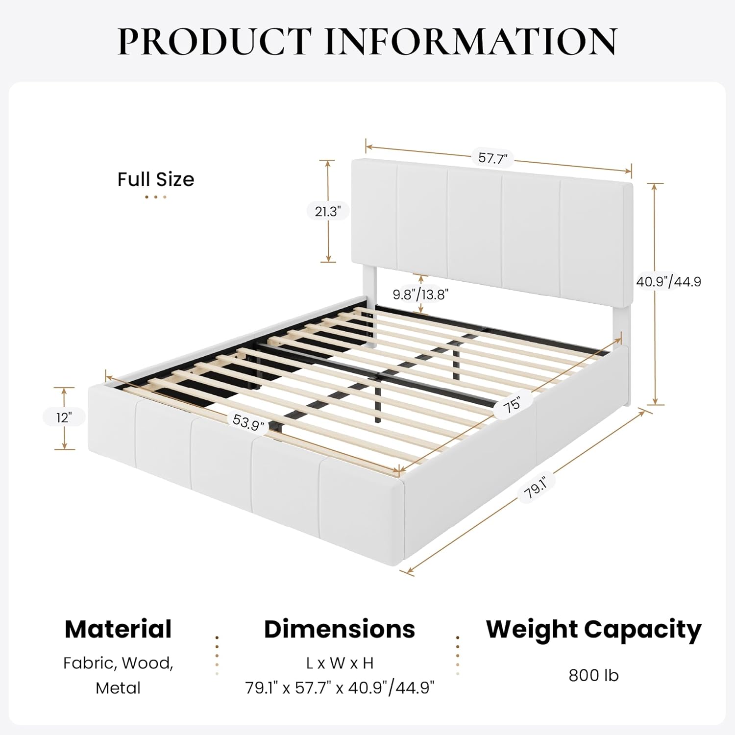 SHA CERLIN Full Size Bed Frame, Velvet Upholstered Platform Bed, Vertical Channel Tufted Adjustable Headboard, Low Profile Bed Frame, No Box Spring Needed, Easy Assembly, White