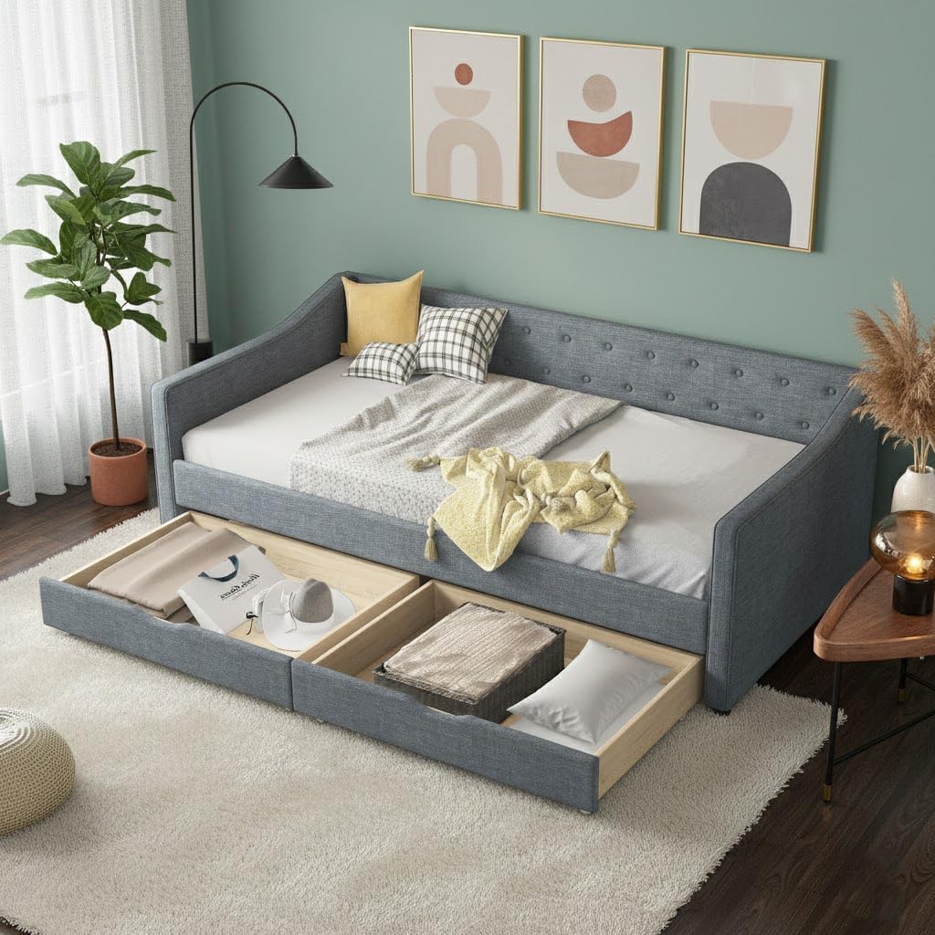 Ball & Cast Twin Size Daybed with Two Drawers and Linen Upholstered,Wood Bed Frame w/Button Tufted Back and Waved Shape Arms,Slats Support,for Apartment,Bedroom,Light Grey