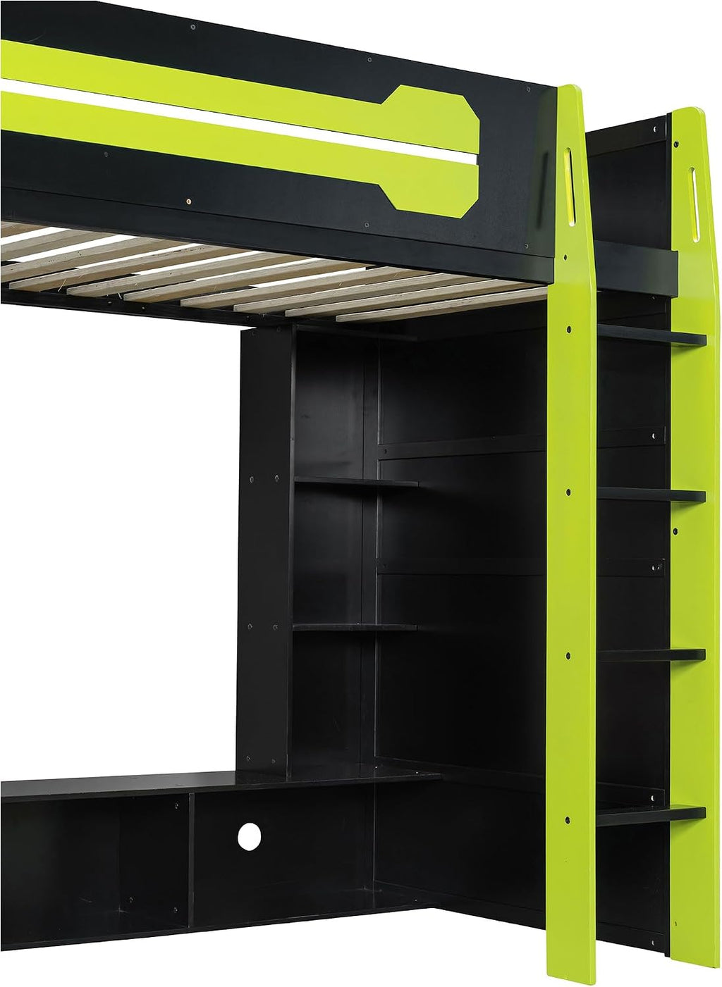 Bellemave Gaming Loft Bed with Desk and Lights, Twin Loft Bed with Storage Shelves and Work Station, Wood Loft Bed Frame for Kids, Boys, Girls, Teens, No Spring Box Needed & Dedicated Style, Green