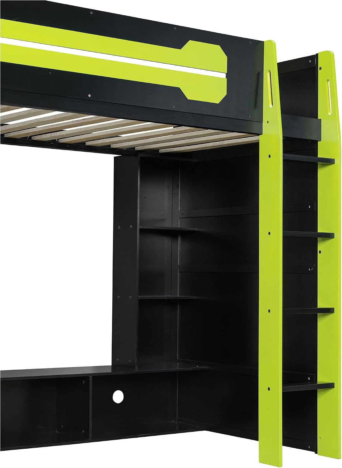 Bellemave Gaming Loft Bed with Desk and Lights, Twin Loft Bed with Storage Shelves and Work Station, Wood Loft Bed Frame for Kids, Boys, Girls, Teens, No Spring Box Needed & Dedicated Style, Green