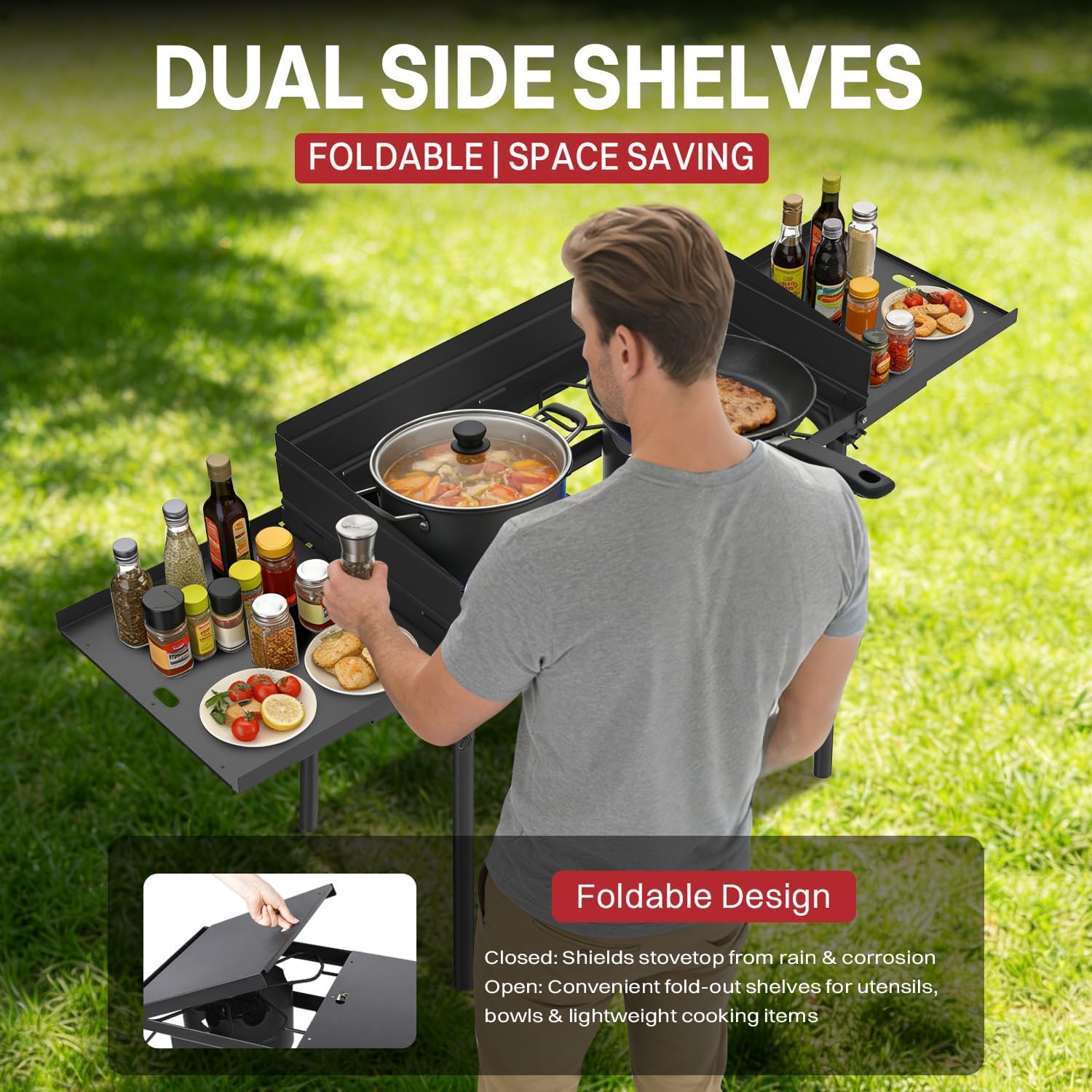 2 Burner Propane Camp Stove | 150,000 BTU Gas Burners | Side Shelves | Windscreen | Waterproof Cover | Detachable Legs | Ideal for Camping Backyard Outdoor Cooking