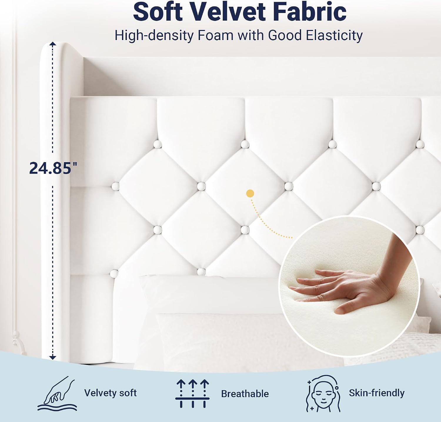 Allewie Queen Size Bed Frame, Storage Headboard with Charging Station, Wingback Velvet Upholstered, Diamond Stitched Button Tufted, Sturdy Wooden Slats, No Box Spring Needed, Easy Assembly, White