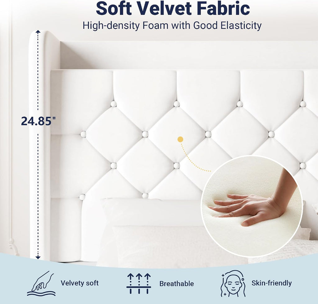 Allewie King Size Bed Frame, Storage Headboard with Charging Station, Wingback Velvet Upholstered, Diamond Stitched Button Tufted, Sturdy Wooden Slats, No Box Spring Needed, Easy Assembly, White