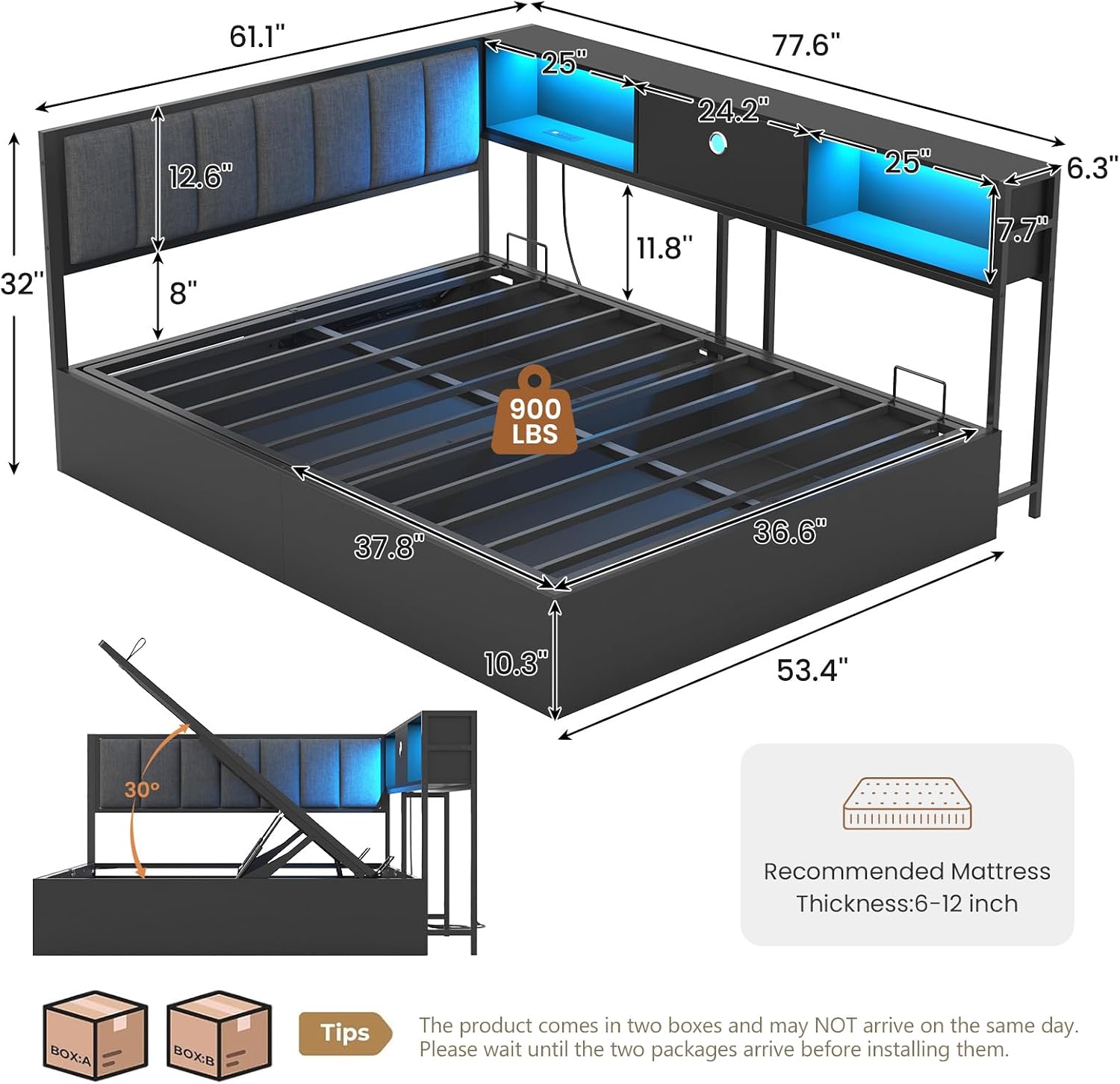 Hasuit Corner Full Lift Up Storage Bed Frame with Charging Station & LED Lights, Full Day Bed with Upholstered Headboard and Bookcase, Corner Beds with Hydraulic for Kids Teens Guests, Black