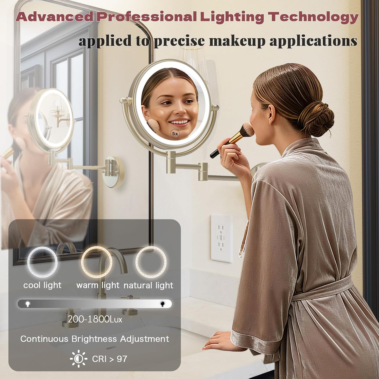 8' Rechargeable Brass Wall Mounted Magnifying Mirror with Lights, 1X/5X Cordless Double Sided 3-Colors LED Touch Dimmable Extended 360 Rotation Vanity Mirror for Bathroom, Satin Brushed Gold