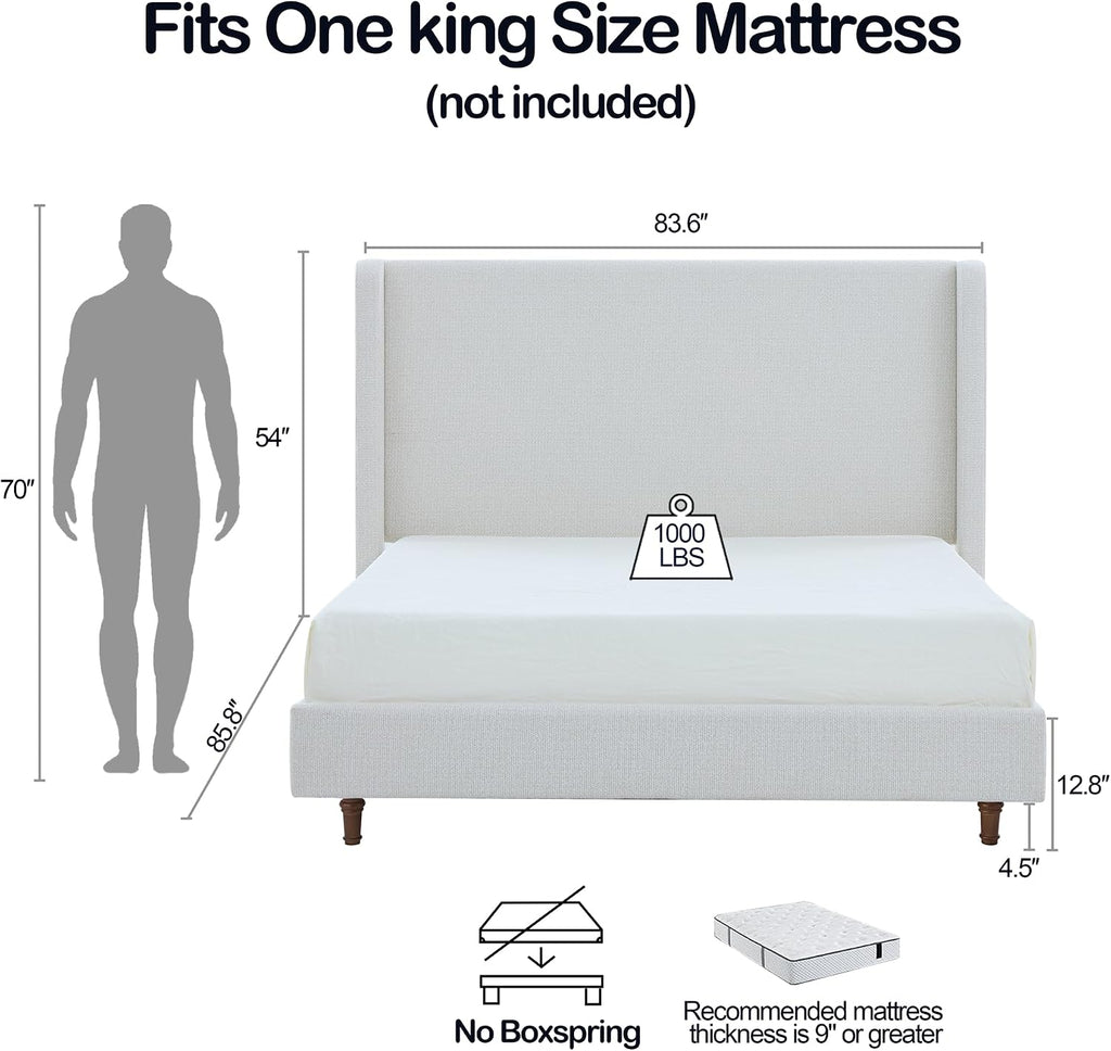King Boucle Bed Frame with 54' Tall Headboard - Cream White Harper Wingback Upholstered Platform Bed Elegant Simplicity Bedroom Furniture Strong Mattress Wood Slats Support No Box Spring Needed