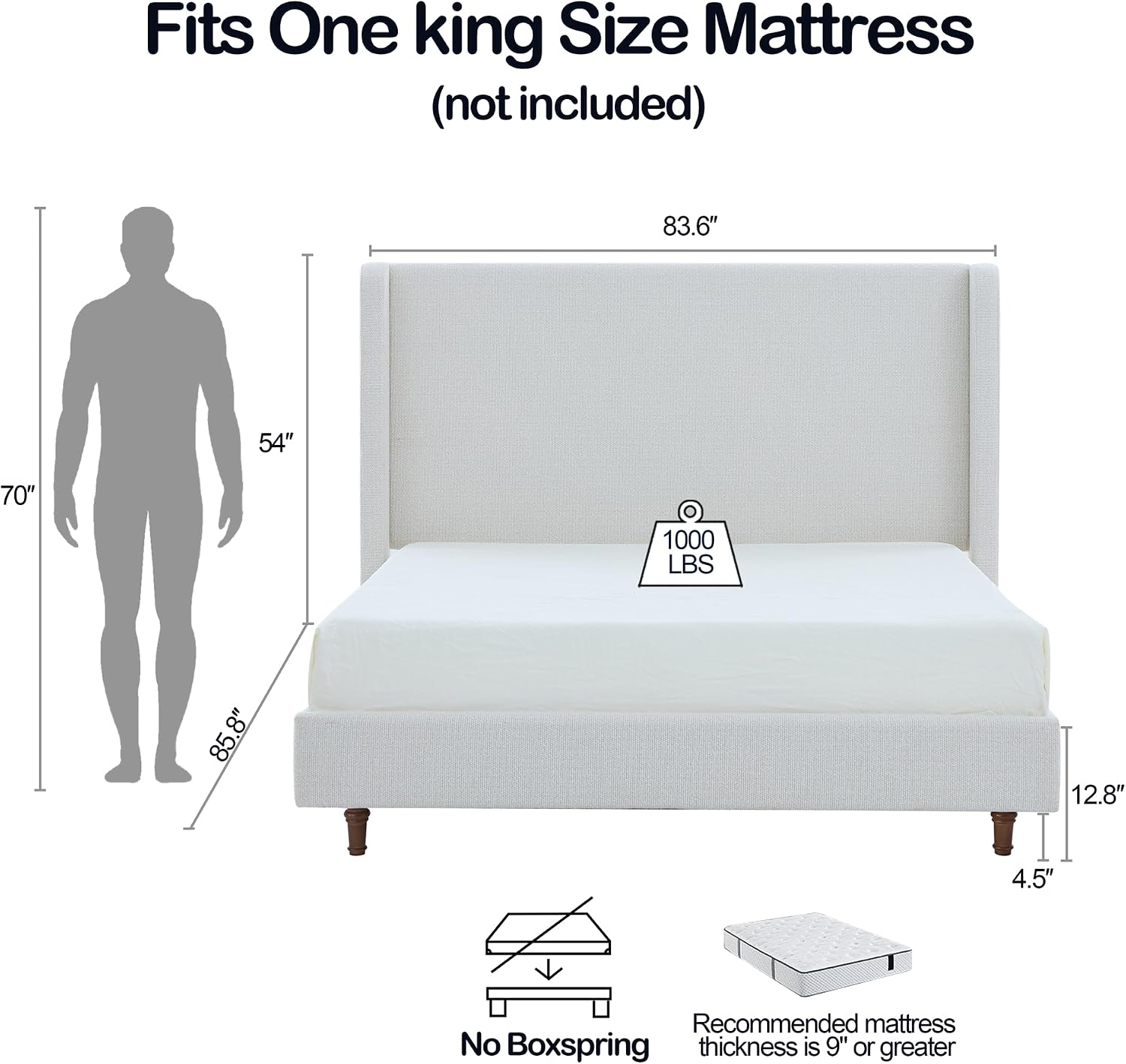 King Boucle Bed Frame with 54' Tall Headboard - Cream White Harper Wingback Upholstered Platform Bed Elegant Simplicity Bedroom Furniture Strong Mattress Wood Slats Support No Box Spring Needed