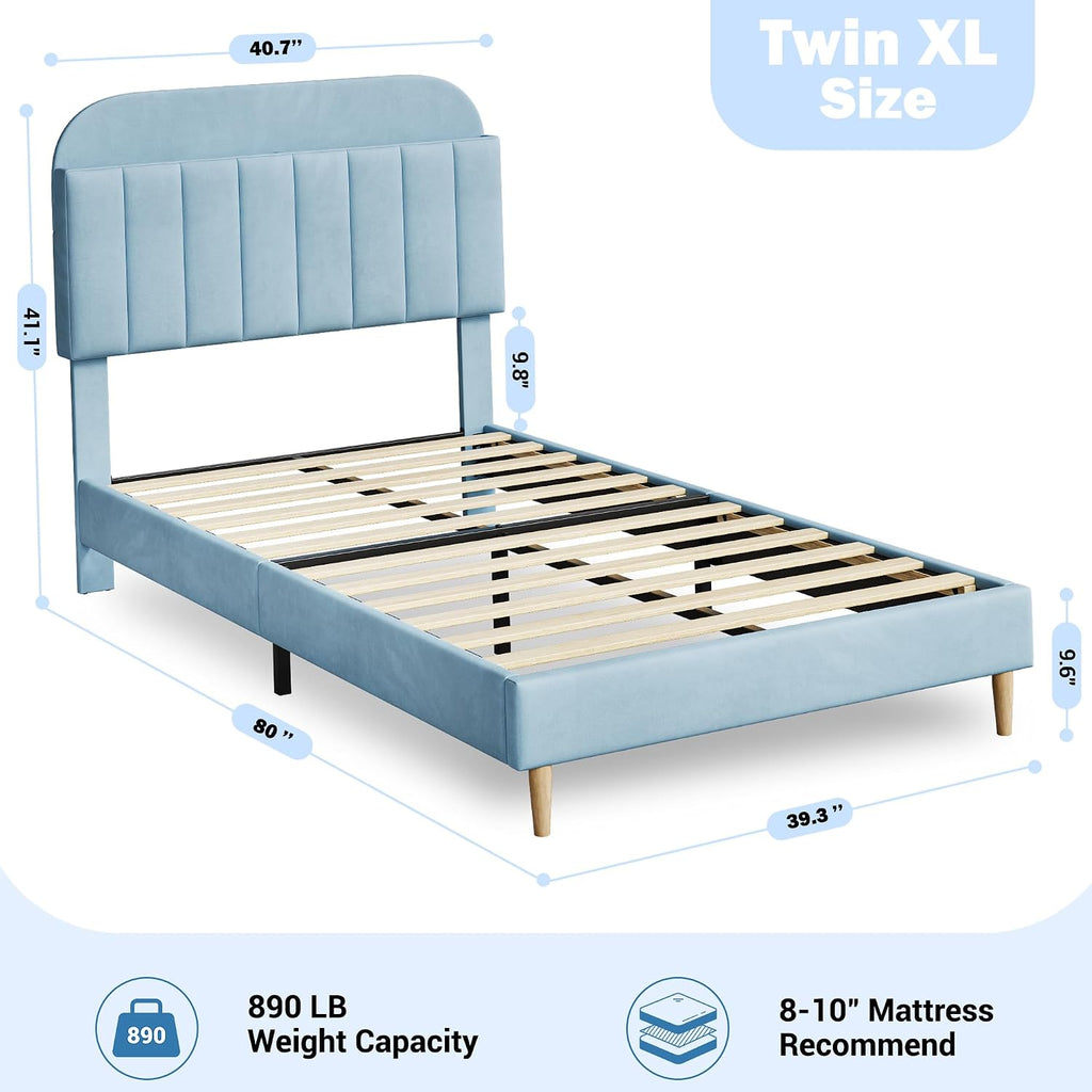 IDEALHOUSE Twin XL Bed Frames, Upholstered Platform Bed Frame with Bookcase Headboard, Velvet Platform Bed Mattress Foundation, Heavy Duty Steel Support Legs, Easy Assembly, Noise Free, Blue