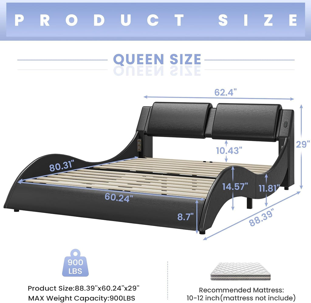 DICTAC Queen Bed Frame with Led Lights and Charging Ports Modern Upholstered Queen Size Platform Bed with Headboard Faux Leather Wave Like Curve Low Profile Platform Bed Frame,Wood Slats Support,Black