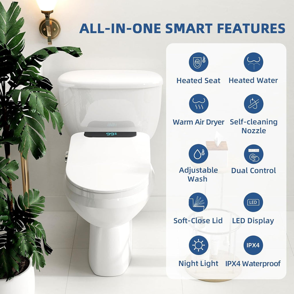 Electric Bidet Toilet Seat Round, Heated Bidet Seat with Instant Warm Water, Warm Air Dryer, Self-Cleaning Stainless Steel Nozzle, Heated Seat, Night Light, Remote Control, Soft Close