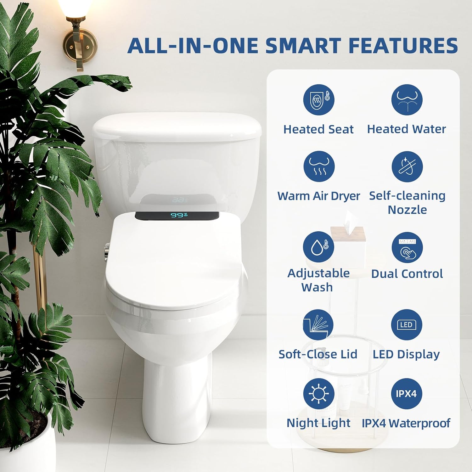 Electric Bidet Toilet Seat Round, Heated Bidet Seat with Instant Warm Water, Warm Air Dryer, Self-Cleaning Stainless Steel Nozzle, Heated Seat, Night Light, Remote Control, Soft Close