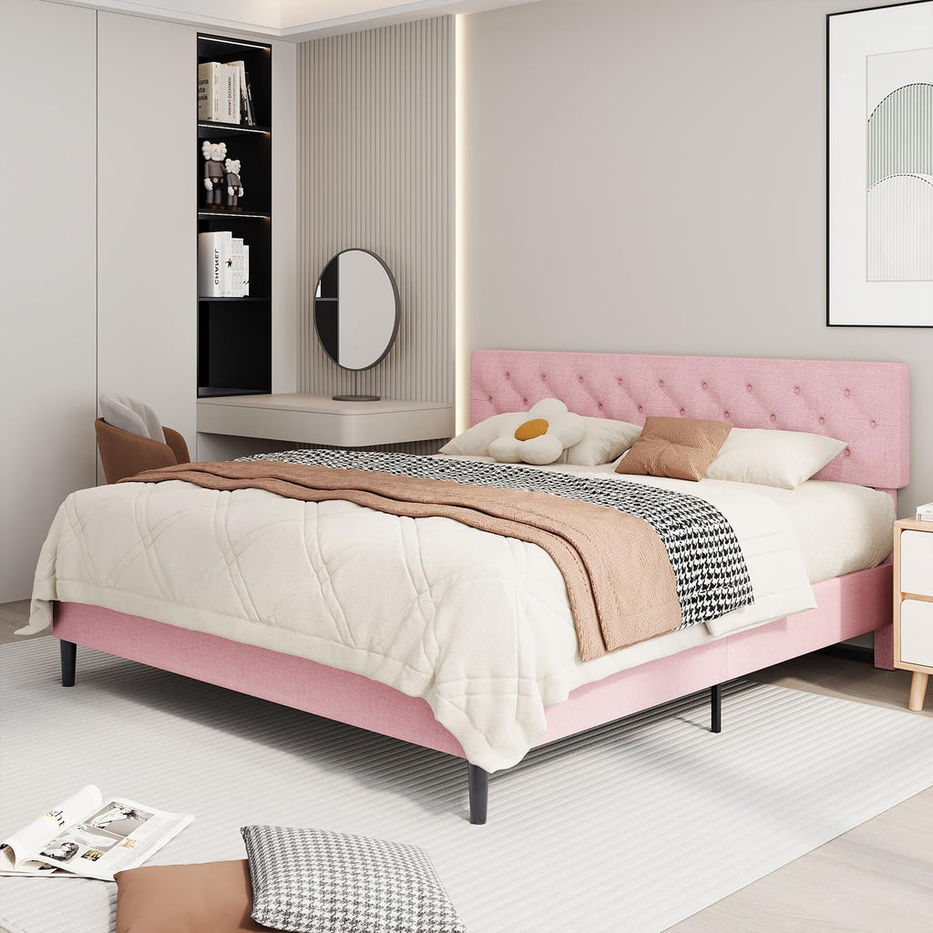 BarnFurin King Size Platform Bed Frame, Fabric Upholstered Bed with Button Tufted Headboard, Adjustable Headboard Design, Easy Assembly, No Box Spring Required, Pink