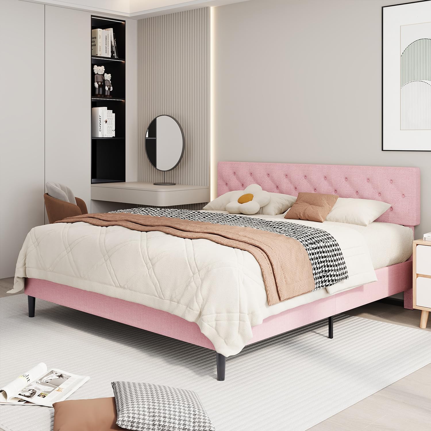 BarnFurin King Size Platform Bed Frame, Fabric Upholstered Bed with Button Tufted Headboard, Adjustable Headboard Design, Easy Assembly, No Box Spring Required, Pink