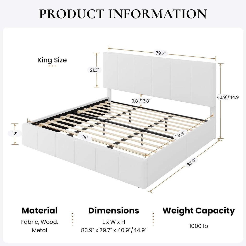 SHA CERLIN King Size Bed Frame, Velvet Upholstered Platform Bed, Vertical Channel Tufted Adjustable Headboard, Low Profile Bed Frame, No Box Spring Needed, Easy Assembly, White