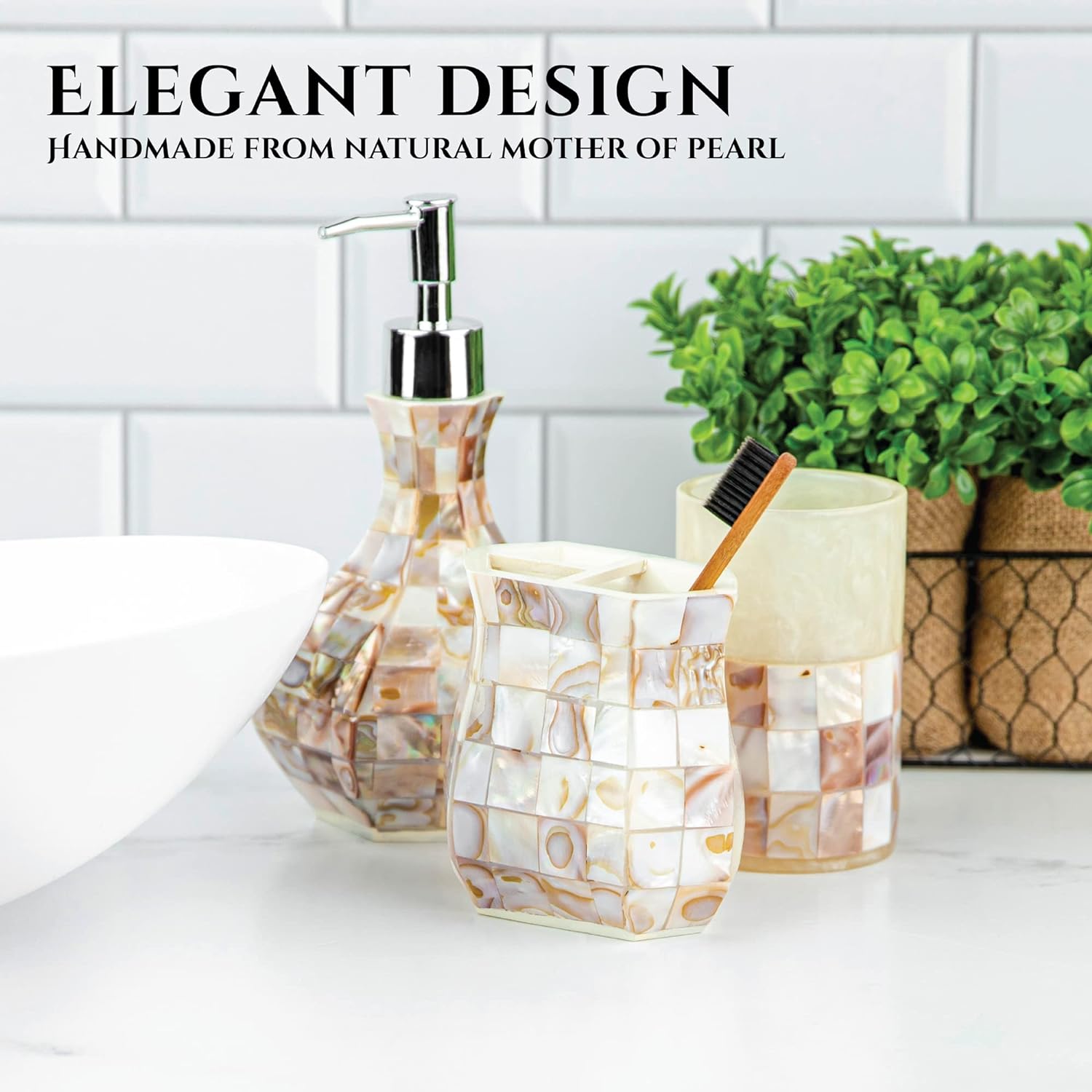 Milano 6 Piece Bathroom Accessory Set with Natural Mother of Pearl Shells - Includes: Bathroom Trash Can, Tissue Cover, Soap Dispenser, Toothbrush Holder, Tumbler and Soap Dish