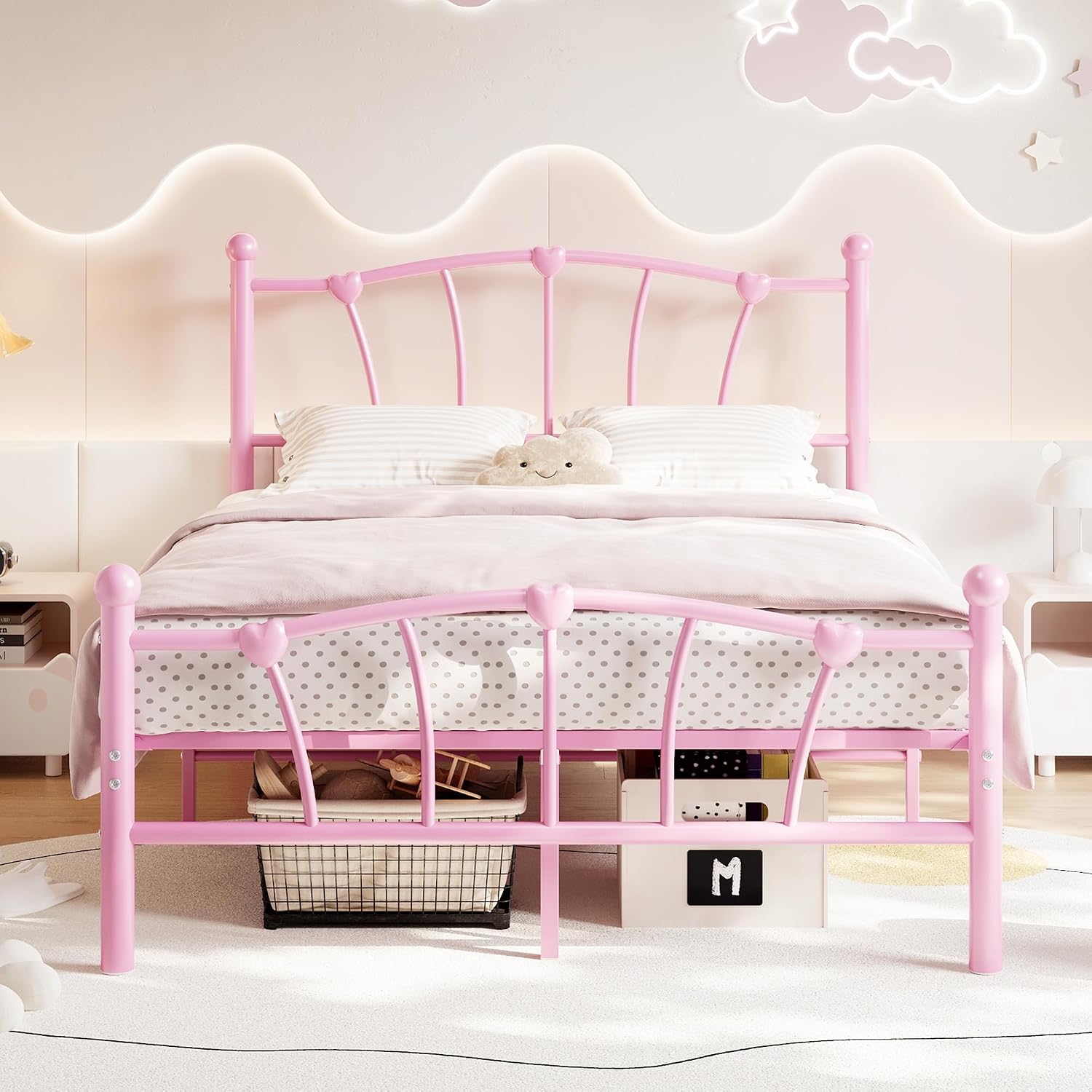 GarveeHome Full Size Bed Frame, Heart Shaped Metal Bed Frame with Headboard and Footboard, Platform Bed Frame with Sturdy Slat Support, Underbed Storage Space, No Box Spring Needed, Pink