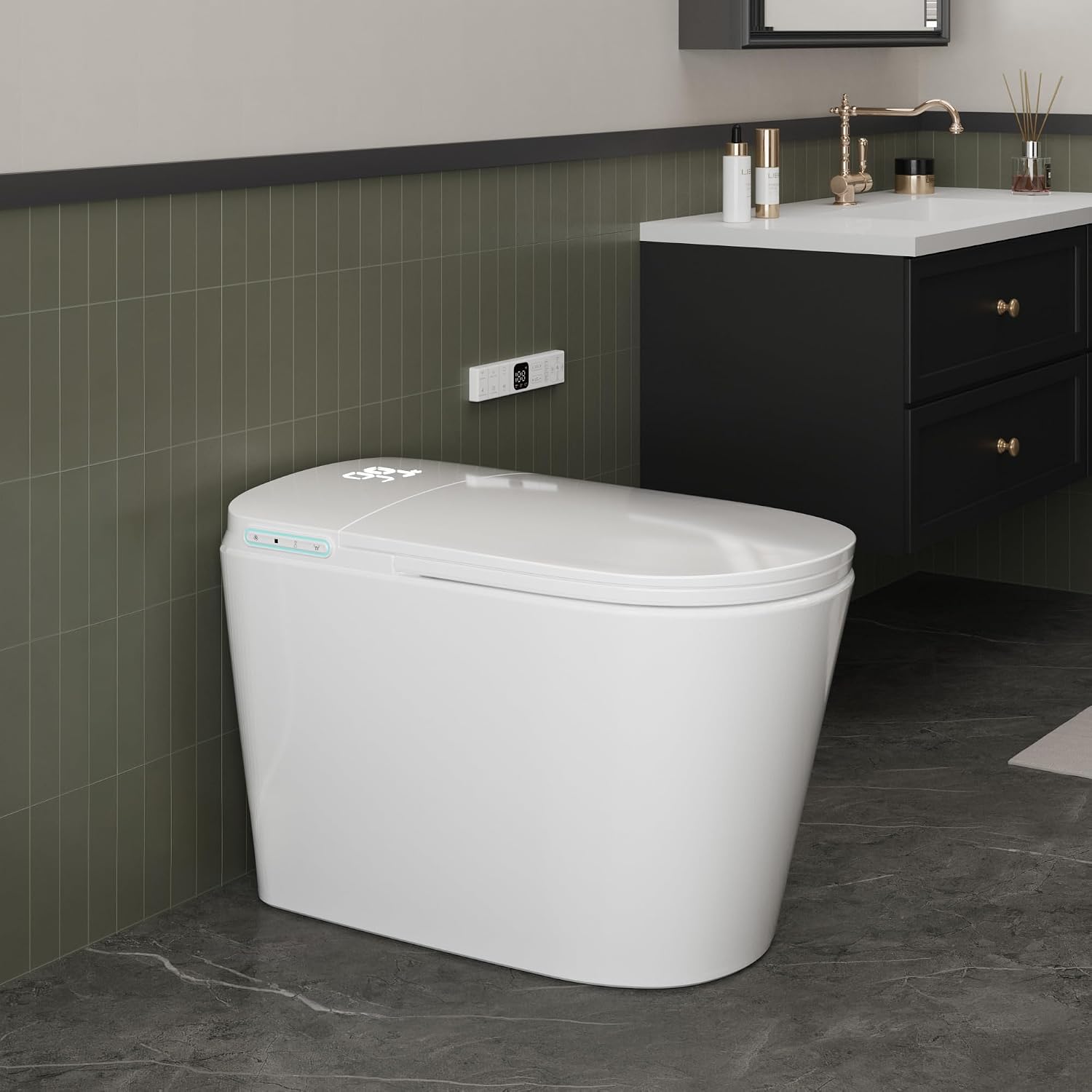 Smart Toilet with Tank, Luxury Elongated Electric Bidet Toilet with Cleaner Tablets, Heated Seat, Dual Auto Flush/Lid&Seat, Foot Sensor, UV-C light, One Piece Toilets with Dryer, LED Display