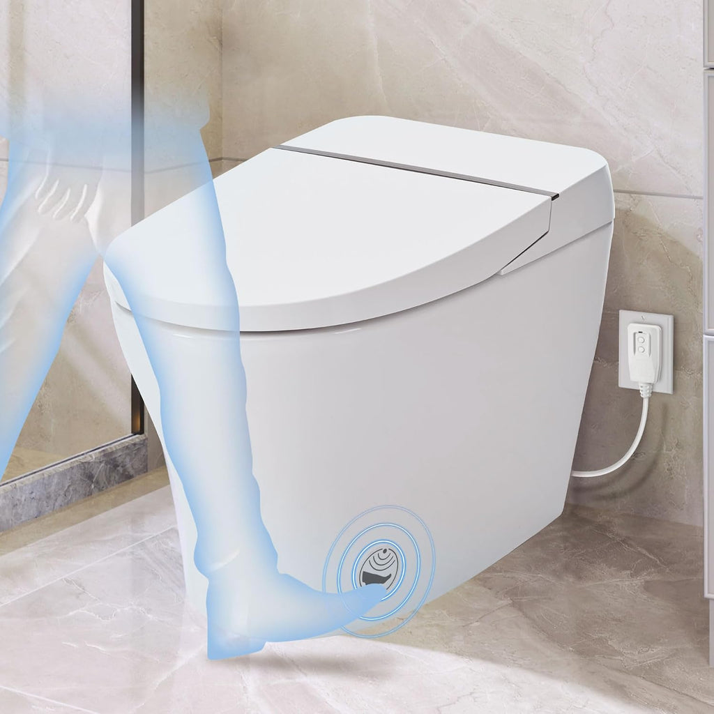 Heated Seat Smart Toilet without Bidet, Upmarket Compact Dual Flush Toilet 1,1.28 GPF, Tank less toilet with Adjustable Temp Heated Seat, Foot sensor Flush, White Night Light, Knob Control,Auto Flush