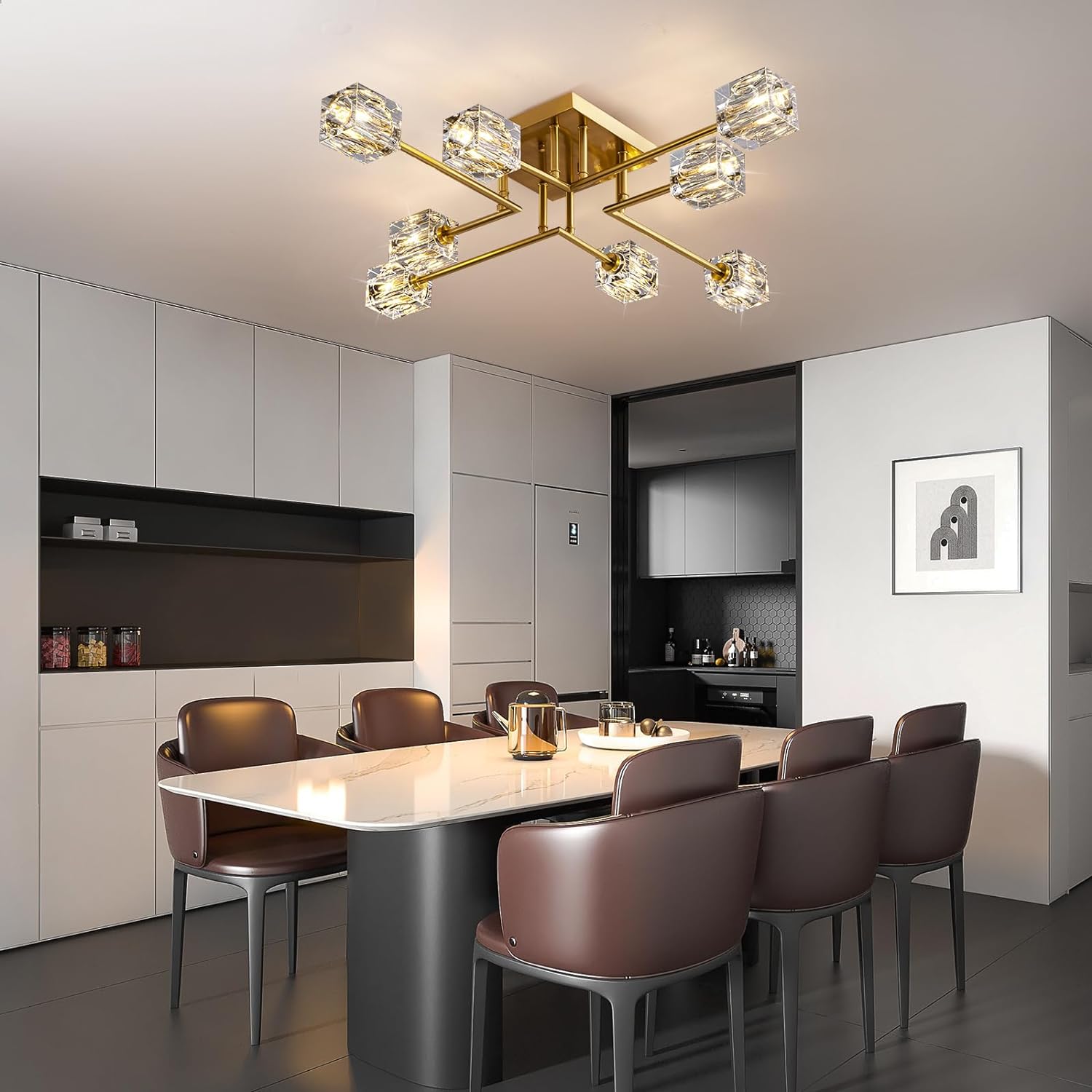 Modern Crystal Ceiling Light,Semi Flush Mount Ceiling Light Fixture with 8-Lights,Gold Sputnik Chandeliers for Bedroom,Dining Room,Farmhouse Kitchen,Office,Living Room