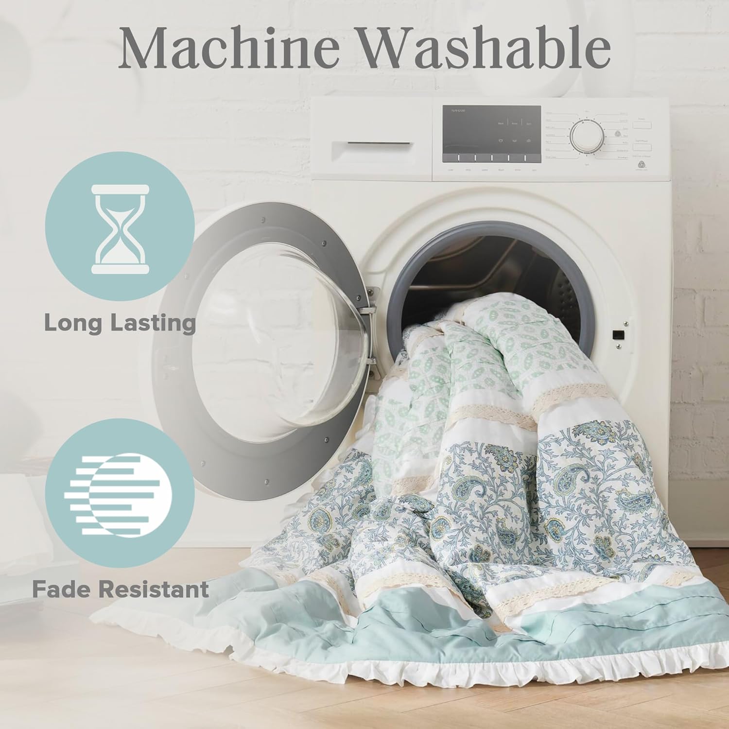Madison Park Dawn 100% Cotton Shabby Chic Comforter Set-Modern Cottage Design All Season Down Alternative Bedding, Matching Shams, Bedskirt, Decorative Pillows, King(104'x92'), Aqua 9 Piece