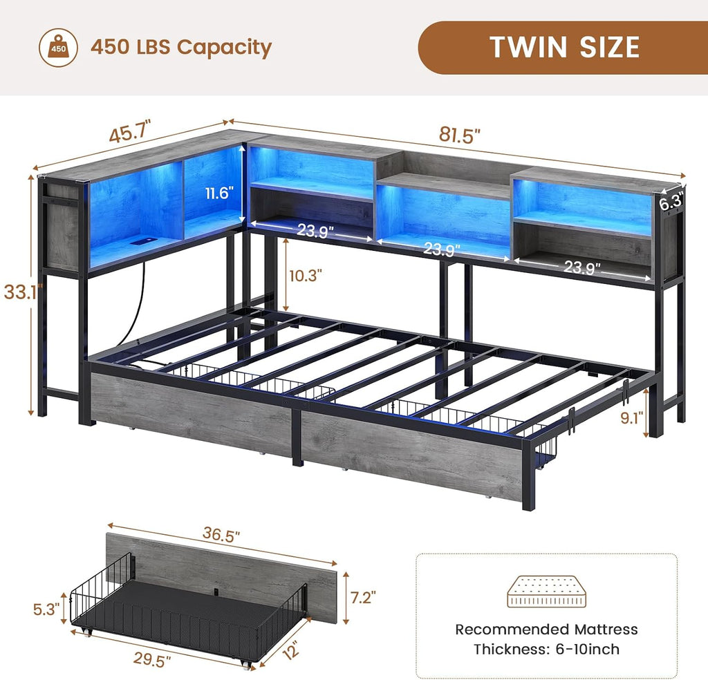 Hasuit Corner Bed Frame Twin with 2 Drawers and Storage Bookcase, Daybed with Charging Station and LED Lights, Metal Platform Bed with Bookshleves,Twin Size Bed Frame for Kids Teens Guests, Oak Gray