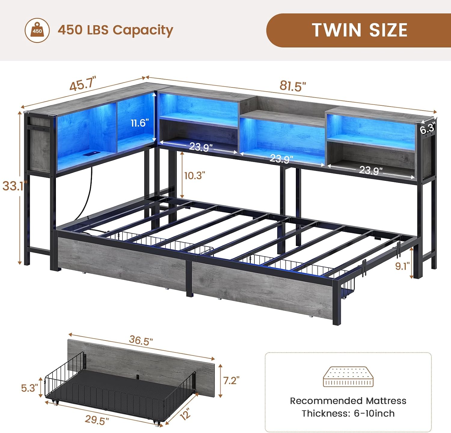 Hasuit Corner Bed Frame Twin with 2 Drawers and Storage Bookcase, Daybed with Charging Station and LED Lights, Metal Platform Bed with Bookshleves,Twin Size Bed Frame for Kids Teens Guests, Oak Gray