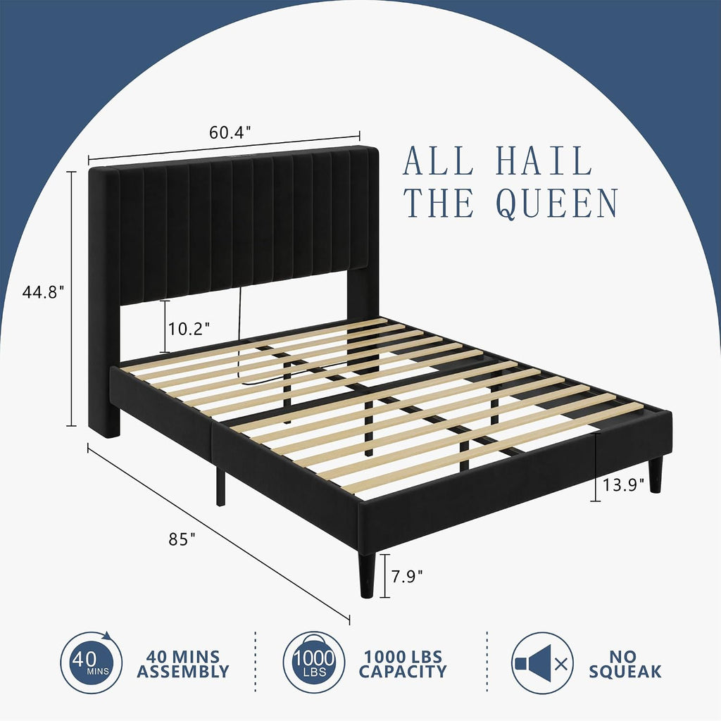 VanAcc Queen Size Bed Frame, Velvet Upholstered Platform Bed with Channel Tufted Headboard, Mattress Foundation with Wood Slats, No Box Spring Needed, Noise Free, Black