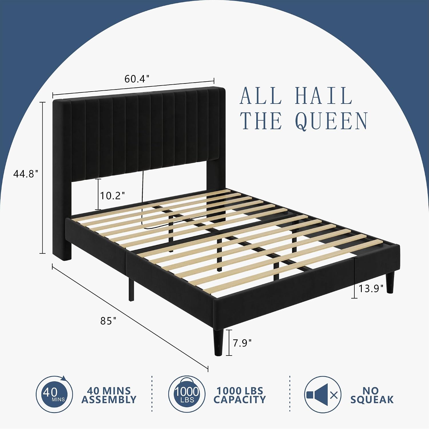 VanAcc Queen Size Bed Frame, Velvet Upholstered Platform Bed with Channel Tufted Headboard, Mattress Foundation with Wood Slats, No Box Spring Needed, Noise Free, Black
