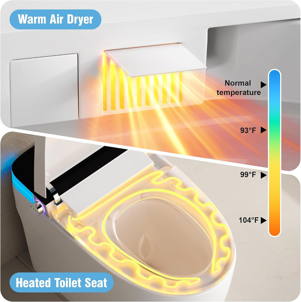 Luxury Smart Toilet, Elongated One Piece Toilet with Heated Seat, Dryer, Auto-Lift Lid, Soft Close, Electric Tankless Bidet Toilets for Bathroom with Siphon Dual Flush 0.8/1.2 GPF, MAP 1000g