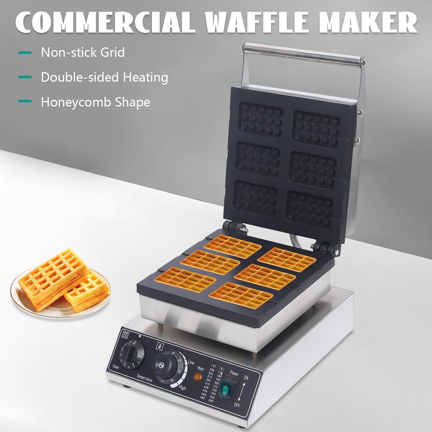 Waffle Making Machine, 110V 1500W Commercial Square Shaped Waffle Maker Electric Stainless Steel Rotatable Double-Head Heating Waffle Making for Tea Shops, Snack Bars (6 Grids 110V 1500W)
