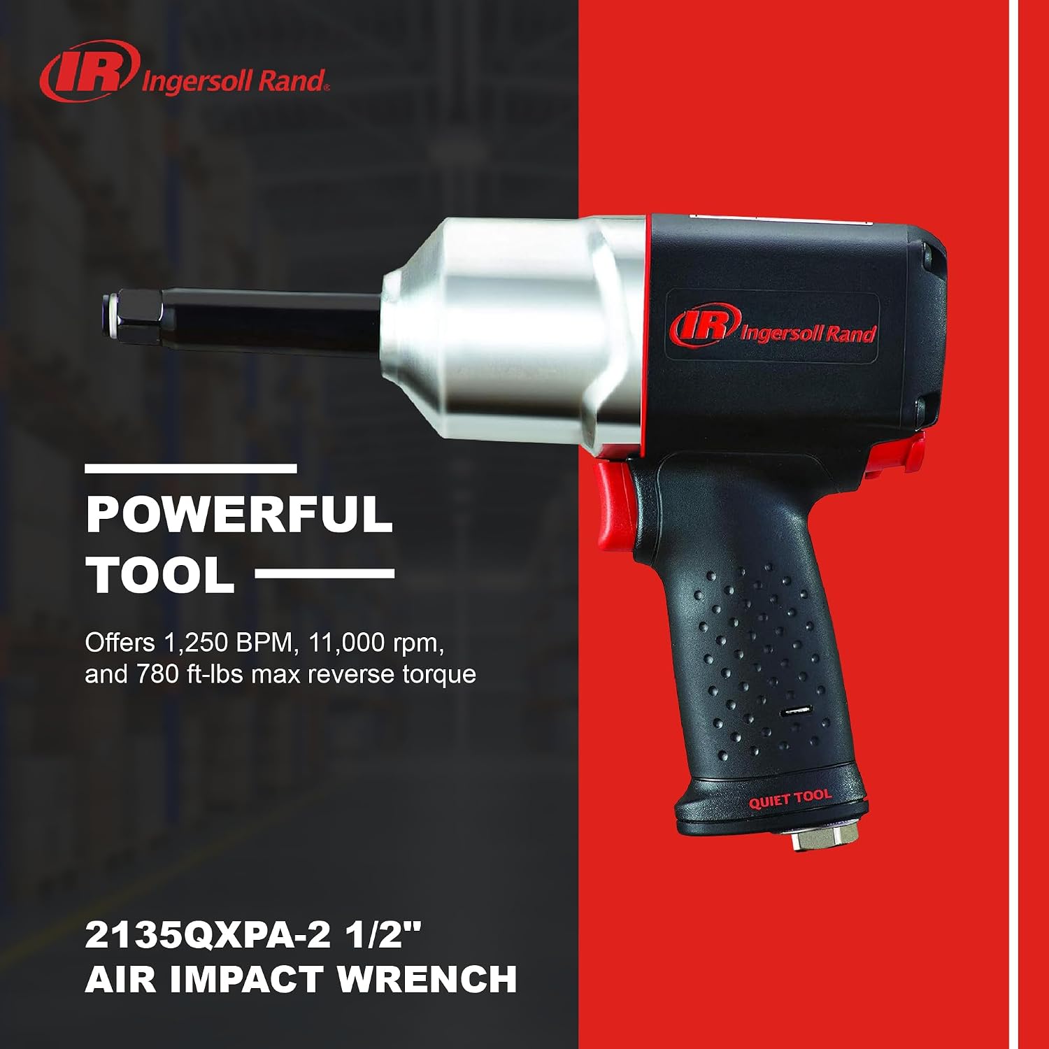 Ingersoll Rand 2135QXPA-2 1/2' Quiet Air Impact Wrench, Pistol Grip, 2' Extended Anvil, 780 Ft-Lbs Max Reverse Torque
