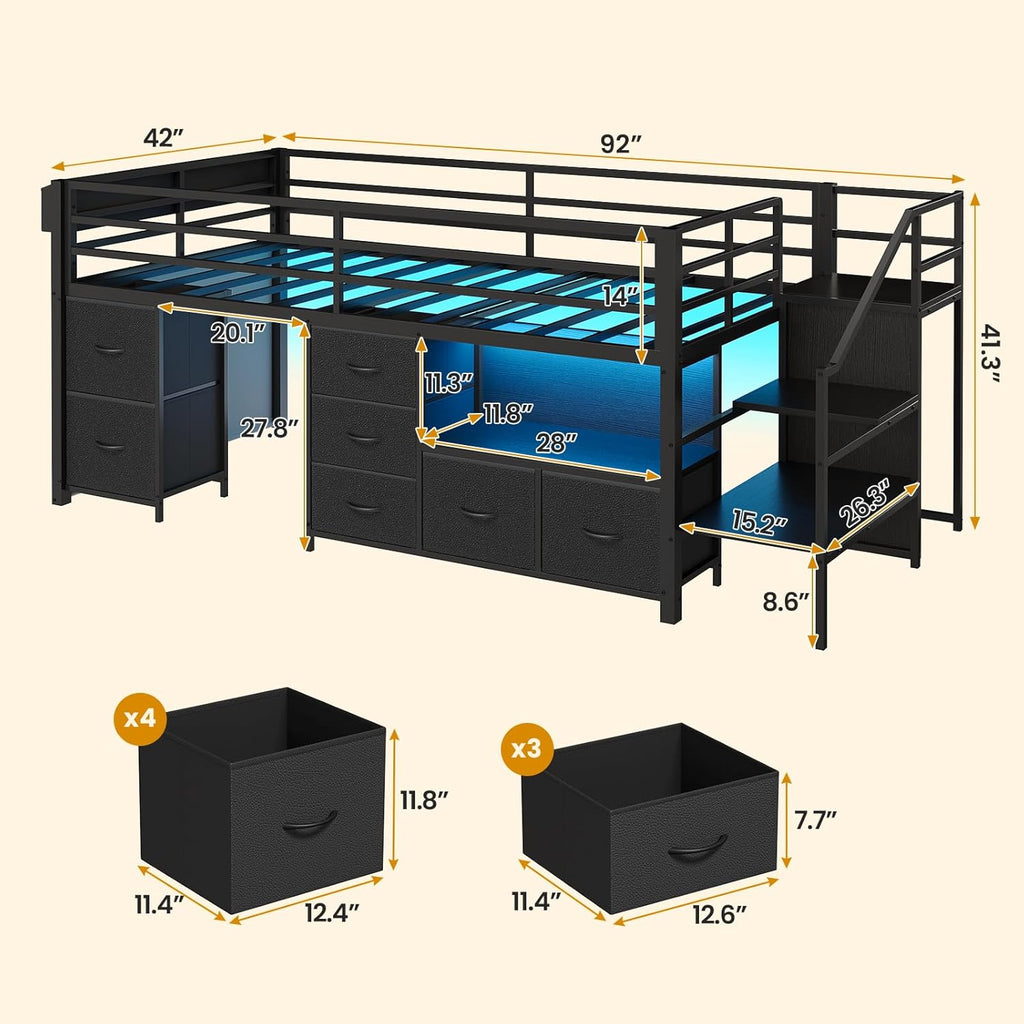 ADORNEVE Low Loft Bed Twin Size with Stairs,7 Drawers, Bookcase and LED Lights, Metal Kids Loft Bed with 14' H Safety Guardrail,Inclined Ladder and Play Curtain, Under-Bed Play Space, Black