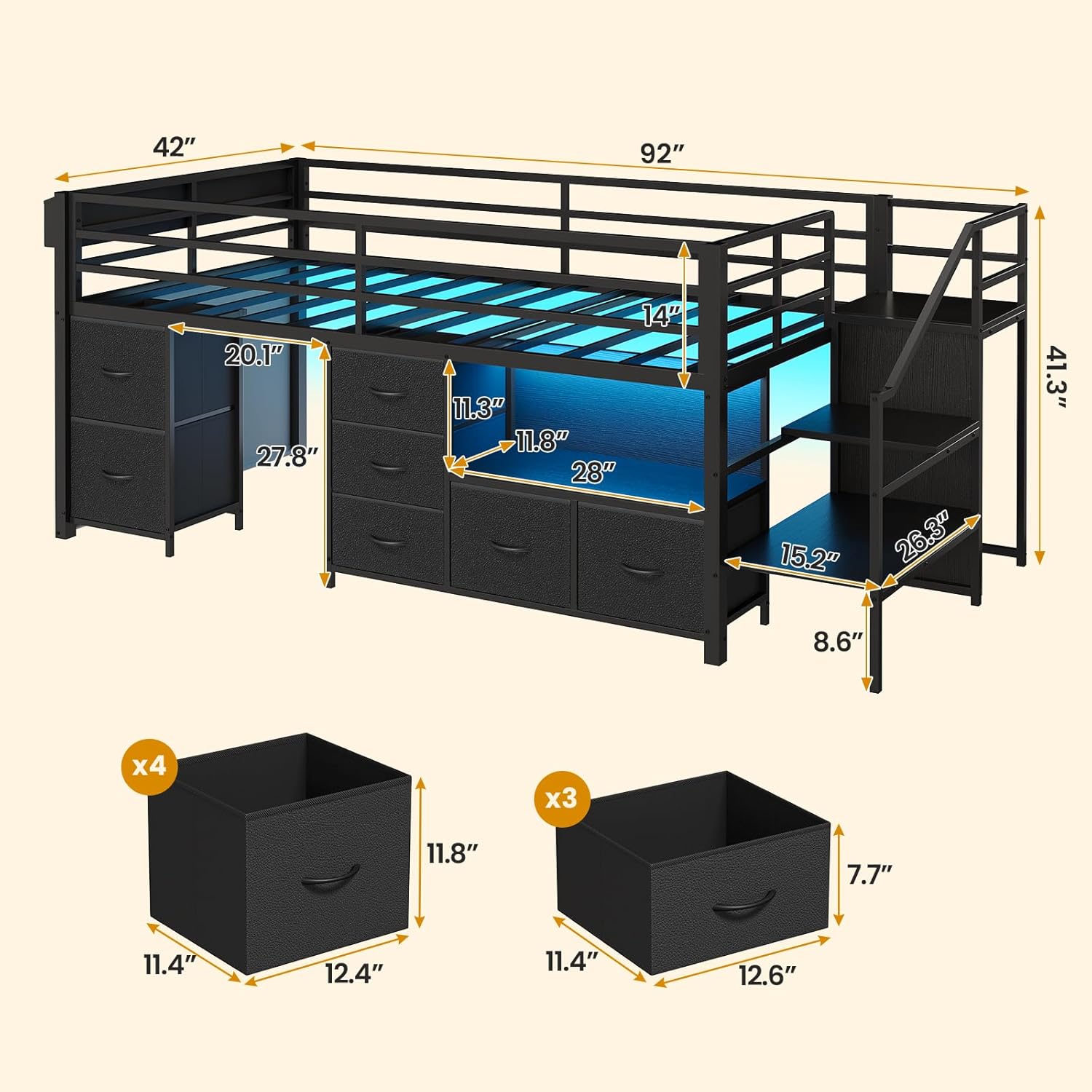 ADORNEVE Low Loft Bed Twin Size with Stairs,7 Drawers, Bookcase and LED Lights, Metal Kids Loft Bed with 14' H Safety Guardrail,Inclined Ladder and Play Curtain, Under-Bed Play Space, Black