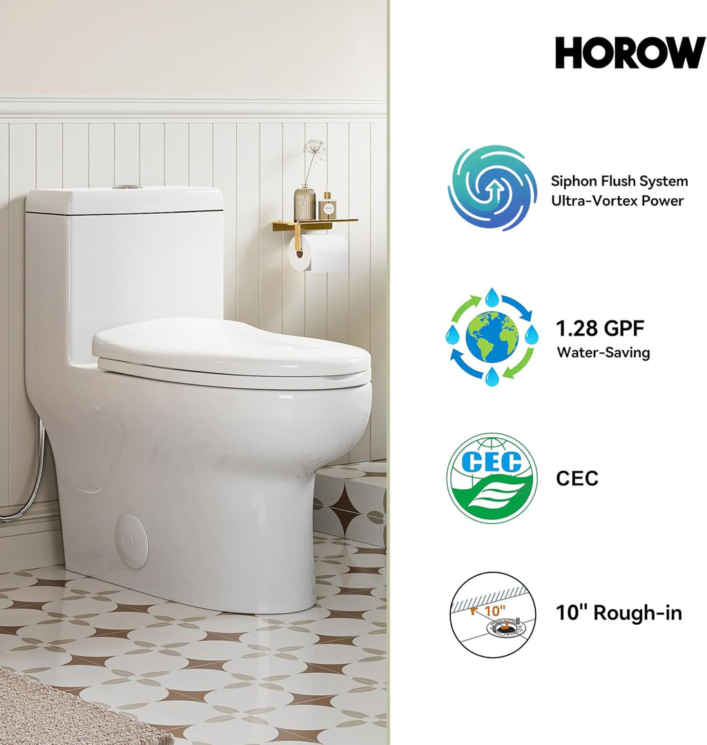 HOROW Compact One Piece Toilet, Dual Flush Elongated Toilet with Soft Close Seat, High-Efficiency Supply, Standard Bathroom Toilet 10' Rough-In, White Finish