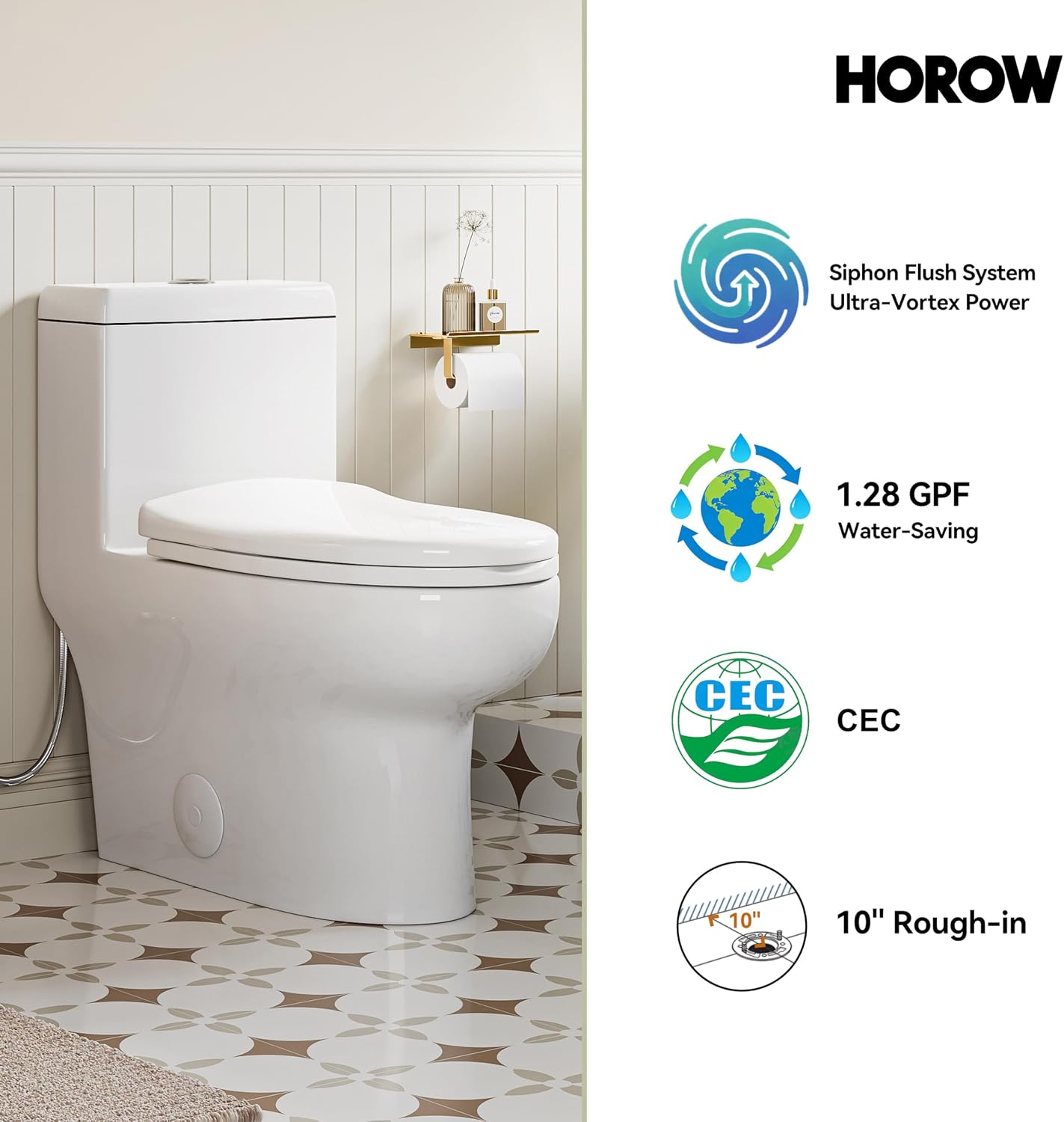 HOROW Compact One Piece Toilet, Dual Flush Elongated Toilet with Soft Close Seat, High-Efficiency Supply, Standard Bathroom Toilet 10' Rough-In, White Finish