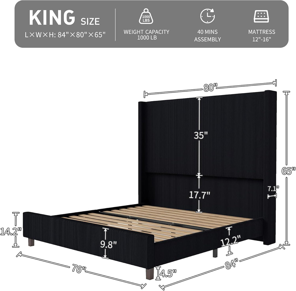 King Size Corduroy Upholstered Bed Frame with 65.2' Tall Headboard,USB Charging Station,Soft Washable Corduroy Cover with Wingback Headboard, Solid Wood Legs/Noise-Free/No Box Spring Needed/Black