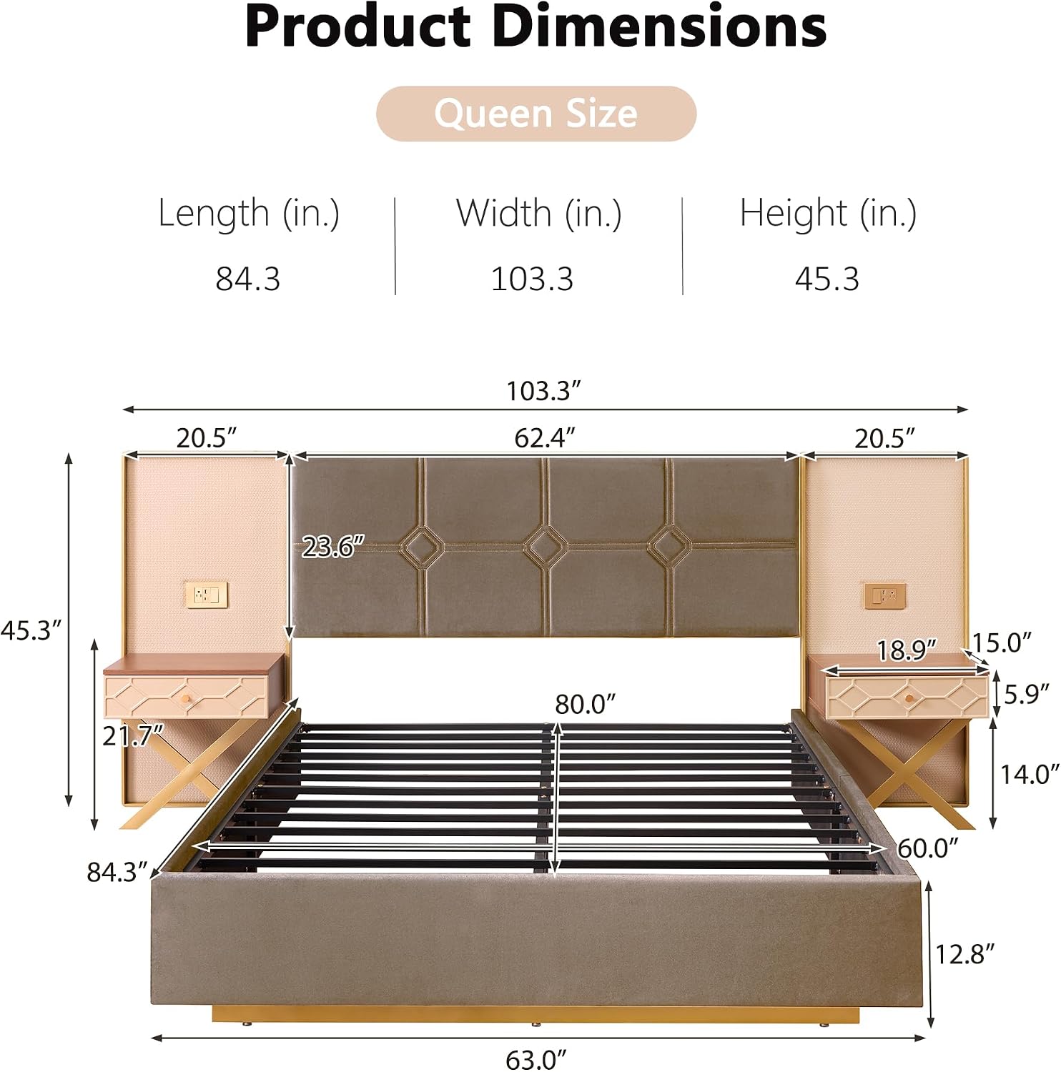 Luxurious Queen Platform Bed Frame with Metal Frame Headboard, Modern Velvet Upholstered Platform Bed with 2 Built-in Wall Lamps and Bedside Table for Bedroom Guestroom, Coffee