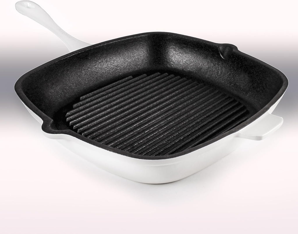 BergHOFF 3Pc Neo Enameled Cast Iron Cookware Set, 3qt. Dutch Oven, Matching Lid, Square Grill Pan 11 Inches, Oven Safe Up To 400°F, White