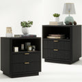 ROCSUMOO Black Nightstands Set of 2, Fluted Nightstands with 2 Drawers and Open Shelves, Large Wooden Night Stands Modern Design Night Stand for Bedroom Sofa Office (2, Black)