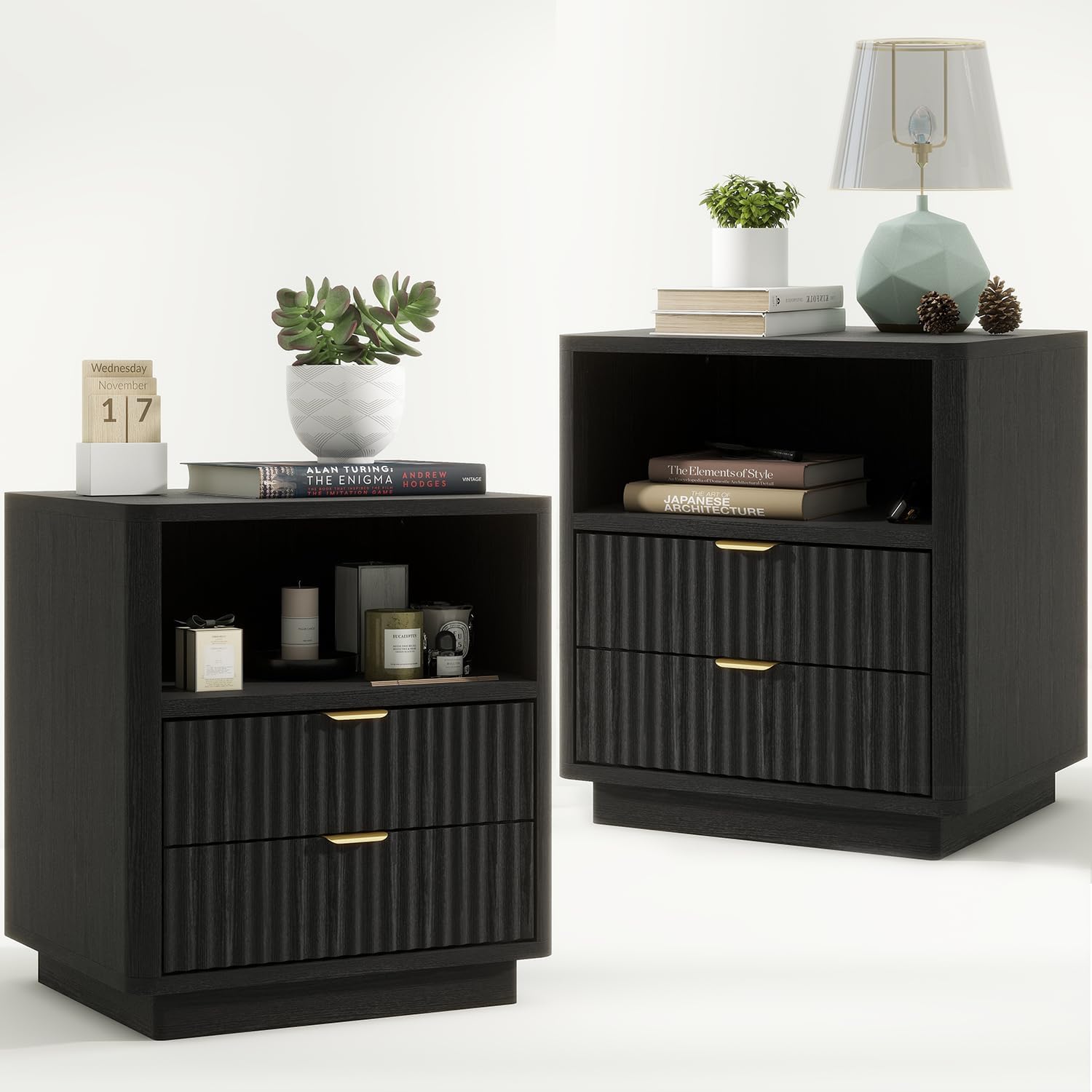 ROCSUMOO Black Nightstands Set of 2, Fluted Nightstands with 2 Drawers and Open Shelves, Large Wooden Night Stands Modern Design Night Stand for Bedroom Sofa Office (2, Black)